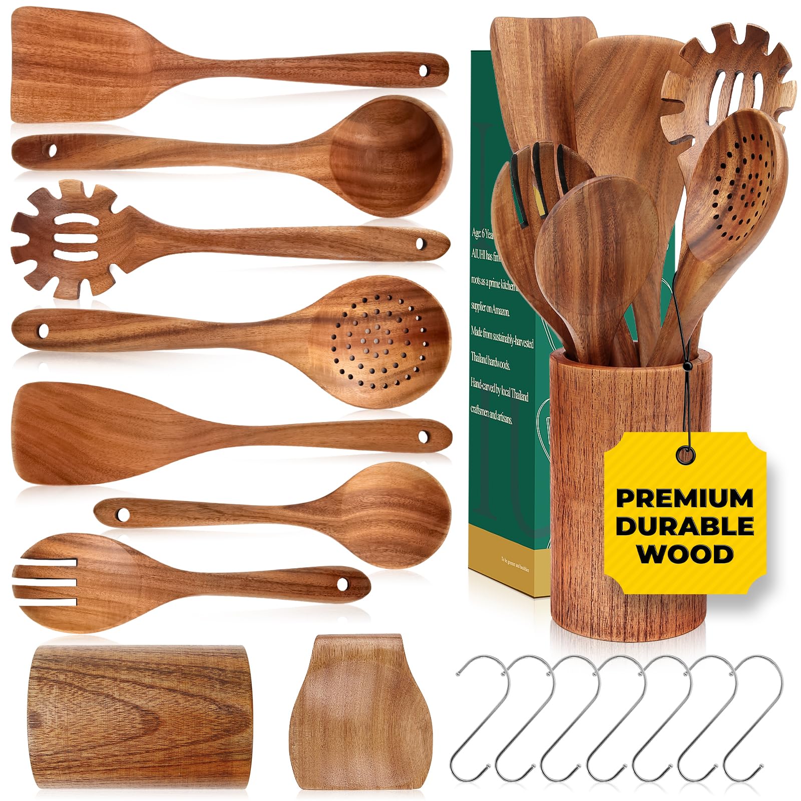 AIUHI 9pcs Wooden Spoons for Cooking, Finely Polished Wooden Kitchen Utensils, Non-Stick Teak Wood Spatulas Utensils Set-Durable, Sturdy & Comfortable Grip