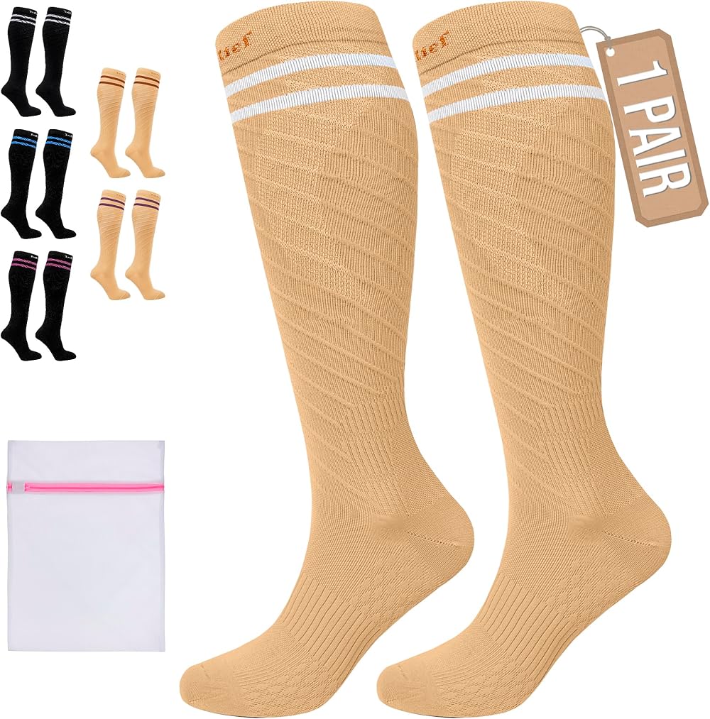 360 RELIEF Compression Socks 15-20 mmHg Beig e with White Lines S/M + Laundry