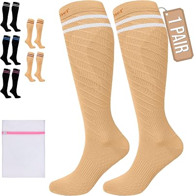 360 RELIEF Compression Socks 15-20 mmHg Beig e with White Lines S/M + Laundry