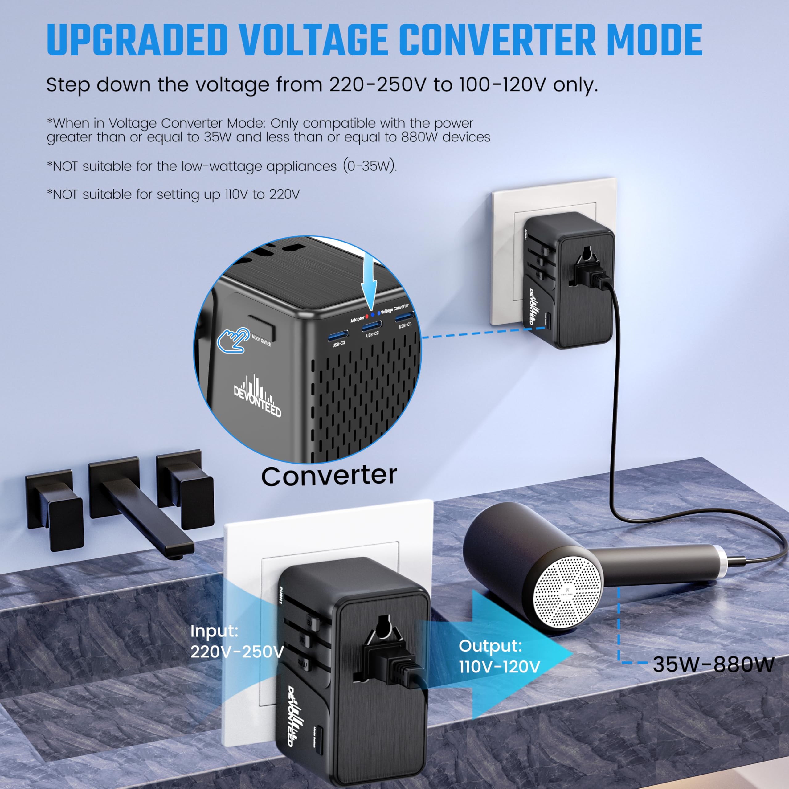 DEVONTEED 220V to 110V Travel Voltage Converter, Universal Travel Adapter with 3 USB C and 1 USB A, International Power Adapter Voltage Converter US to Europe AC Outlet Plug Step Down for US EU UK AUS (Black)