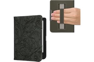 kwmobile Case Compatible with Kobo Clara BW/Colour Case - PU Cover w/Strap - Embossing Flowers Green