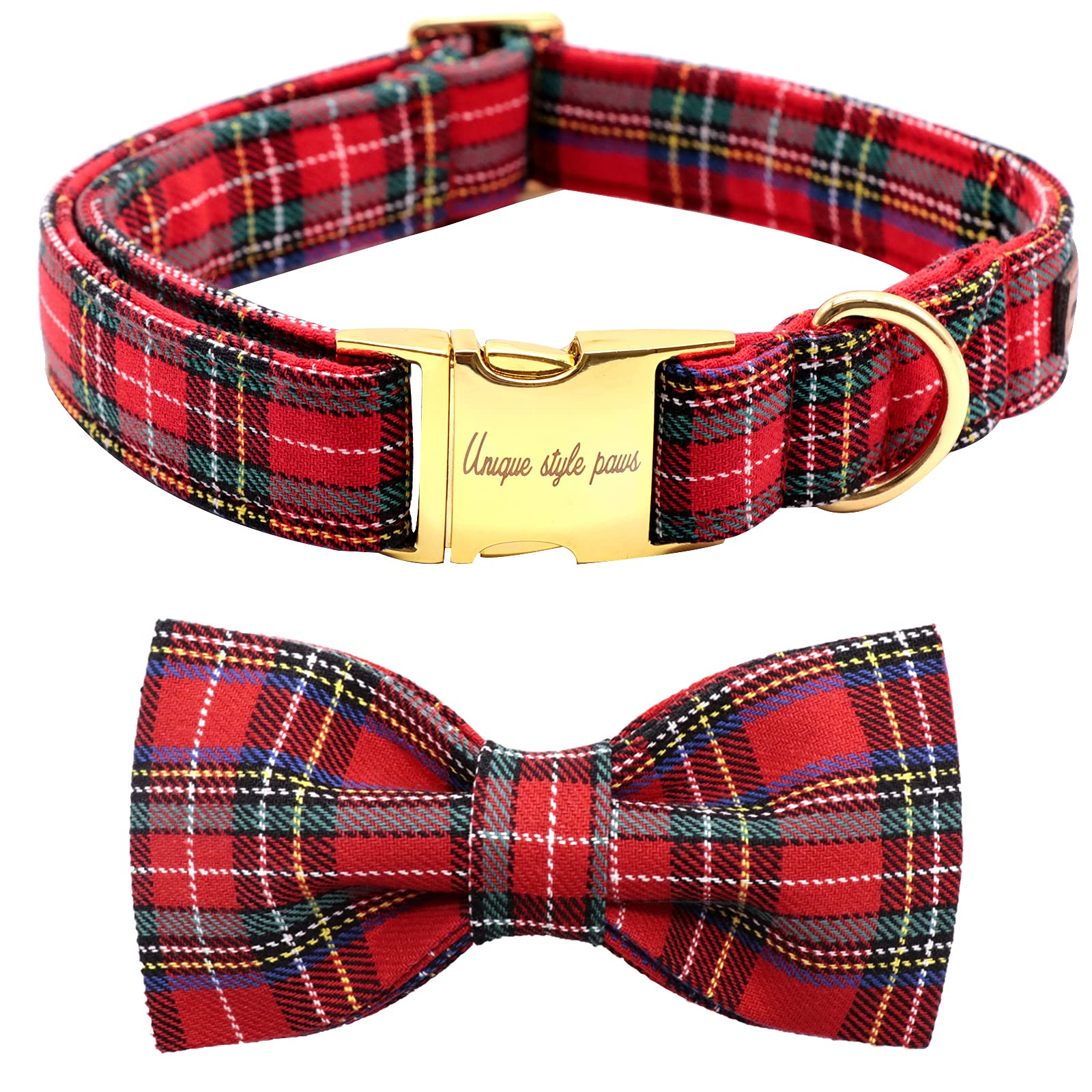 unique style paws Christmas Plaid Dog Collar with Bowtie, Durable Adjustable Dog Collars, Bow Dog Collar for X-Large Girl or Boy Dogs