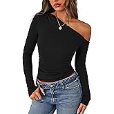 PRETTYGARDEN Womens Off Shoulder Long Sleeve Shirts 2026 Fall Ruched Fitted Asymmetrical Going Out Tops Trendy Y2K Clothes