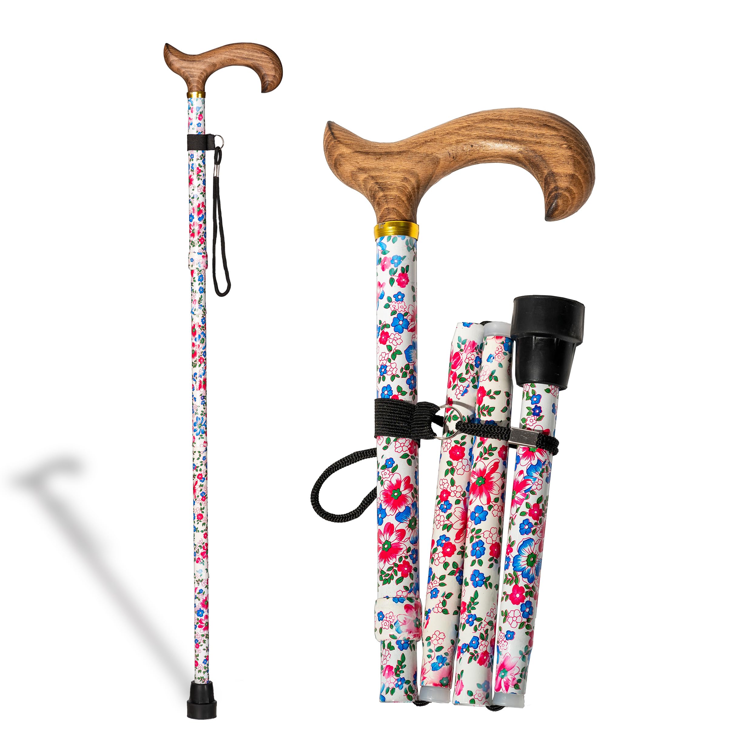 Folding Aluminium Support Cane, Flower Finish and Warm Wood Cuff. Adjustable Height 84-92 cm. Walking Stick for Bag or Suitcase Only 30 cm Folded (602F)