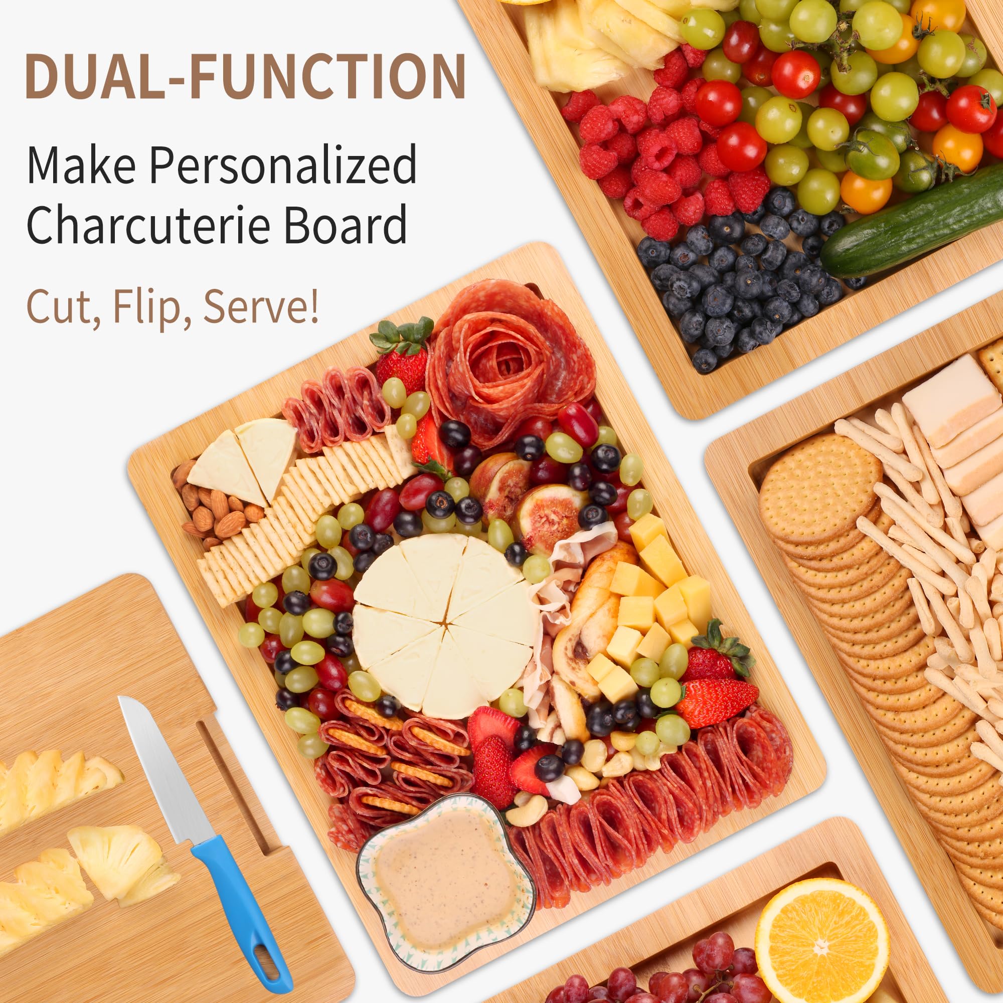 CAWIU Charcuterie Board with Lid and Handle - Portable Travel Design Bamboo Cheese Board Set with 4 Cheese Tools, Gift for Housewarming, Weddings, Picnics (1 Compartment, White)