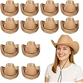 12 Pcs Straw Cowboy Hats for Women Men, Wide Brim Summer Protection, Breathable Beach Hats with Adjustable Chin Strap, Khaki Color, Ideal for Outdoor Activities and Parties