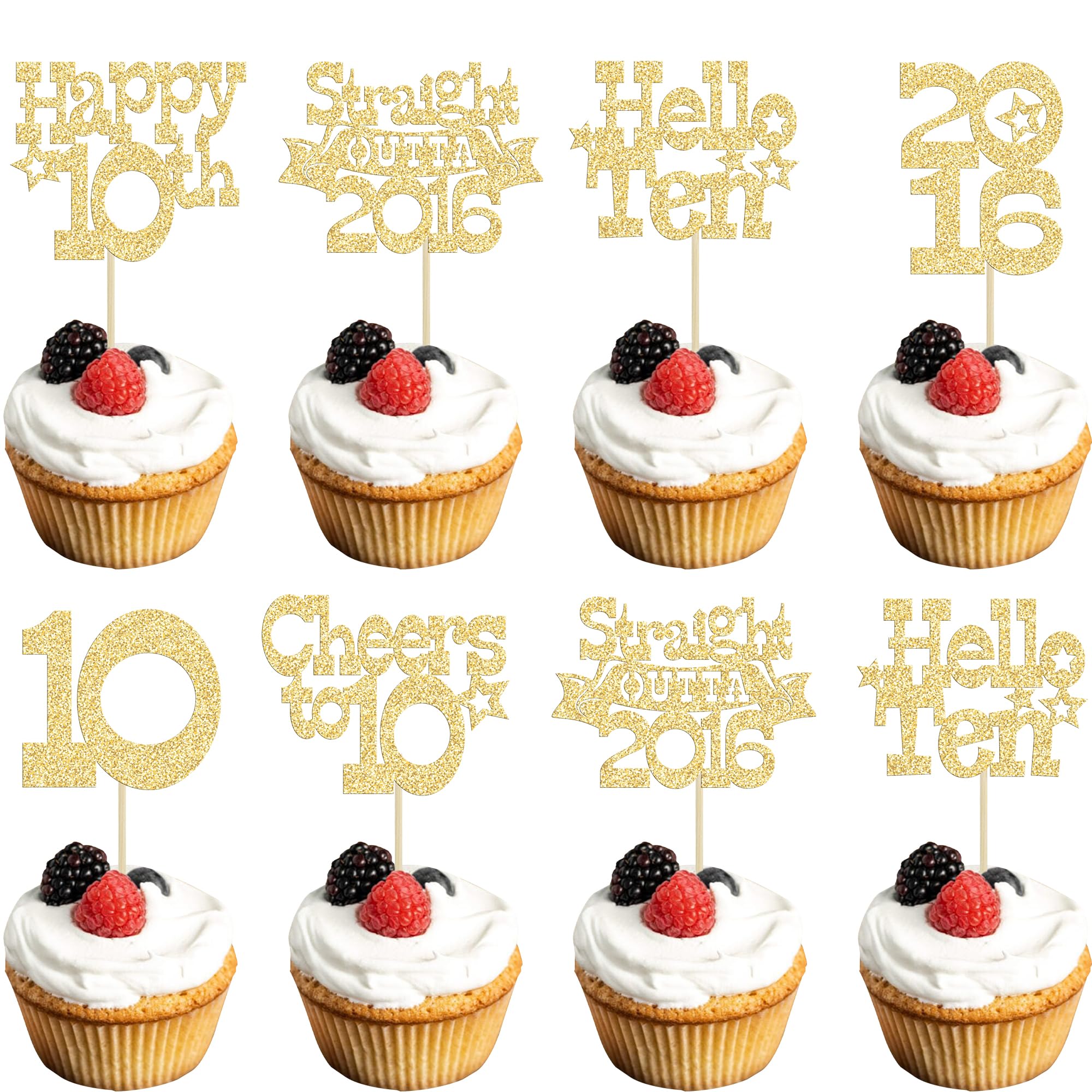 Ephlyn 30Pcs Happy 10th Birthday Cupcake Toppers Glitter Ten Straight Outta 2016 Cupcake Picks Cheers to 10 Years Cake Decorations for 10th Birthday Party Supplies Gold