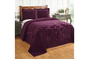 Better Trends Ashton Collection 100% Cotton Chenille Bedspread Medallion Design Twin Size Floral Design Bed Cover in Plum - Tufted Cotton Bedspreads, Lightweight Bedspread & Coverlets