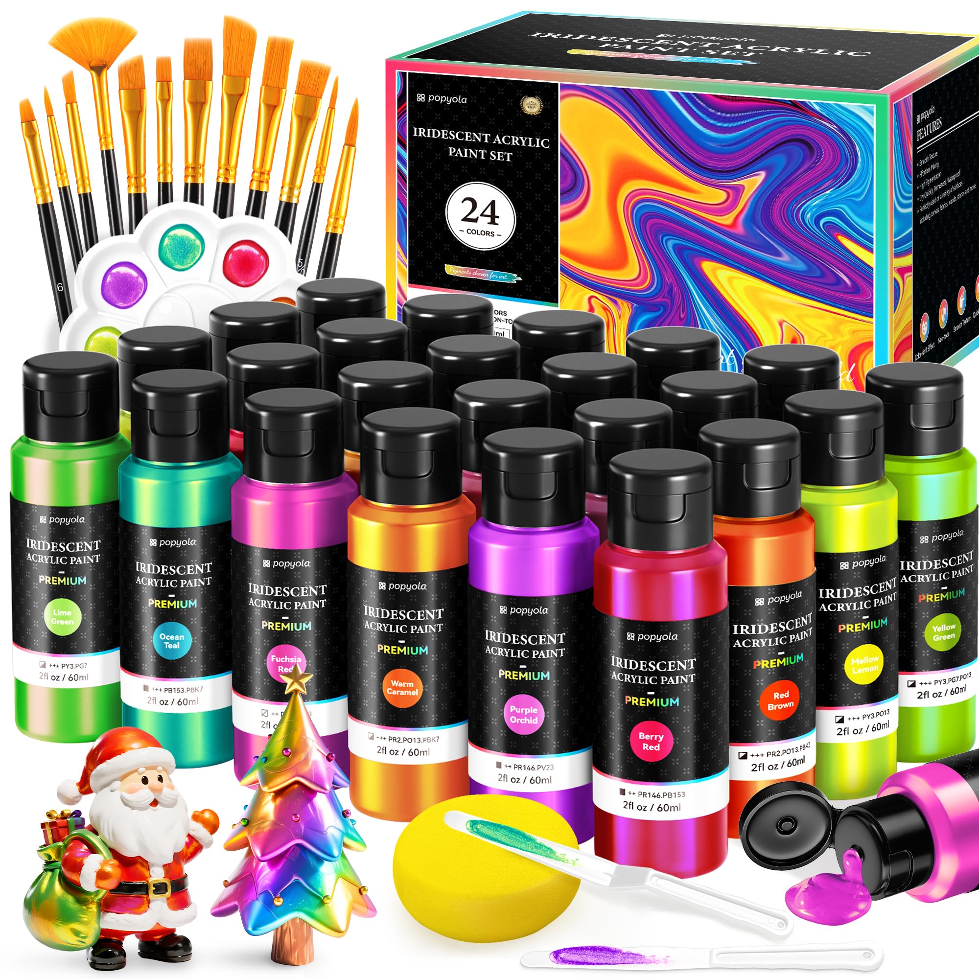 Photo 1 of 40 PCS Iridescent Acrylic Paint Set with 12 Brushes, 2 Knives & Palette, 24 Colors (2oz/60ml) Art Craft Paint for Adults Kids Artists Beginners, Canvas Ceramic Rocks Wood Painting Kit Art Supplies