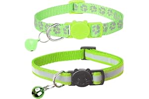BANMODER 2 Pack Reflective Cat Collar Breakaway with Bell,Personalized Kitten Collars,Adjustable Safety Buckle Collar for Male Cats Girls & Boys (Light Green)