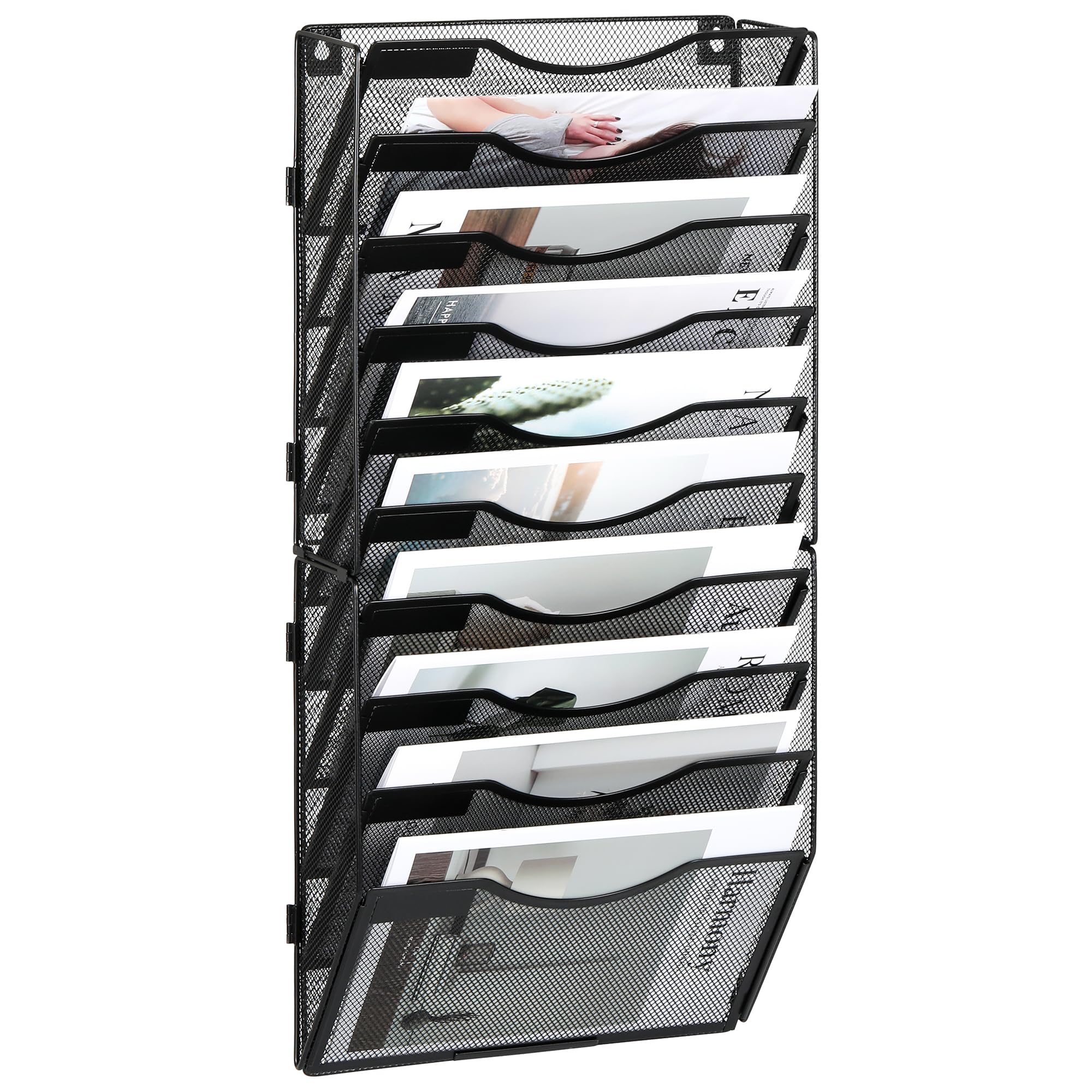 TQVAI 10 Pockets Wall File Holder, Mesh A4 Wall Mounted Document Holder, Hanging Wall Magazine Storage Rack, Desk Stationary Tidy Organiser in Tray for Office School Accessories, Black