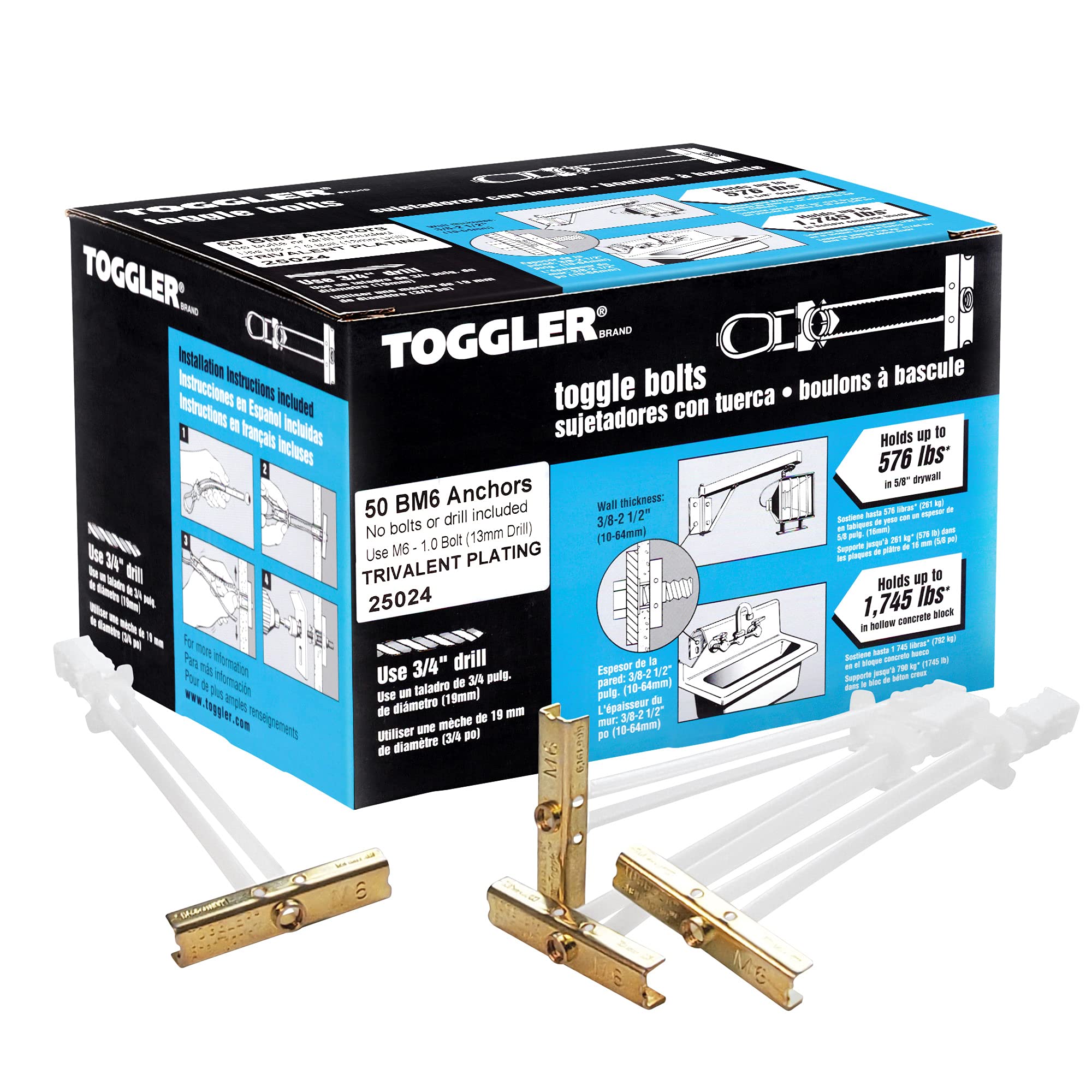 TOGGLER 104460853 25024 Cavity Anchor M6 (for Panel Thickness 10-92 mm, for Heavy Loads, Diameter Bore Hole 13 mm, Pack of 50), White, Set of 50 Pieces