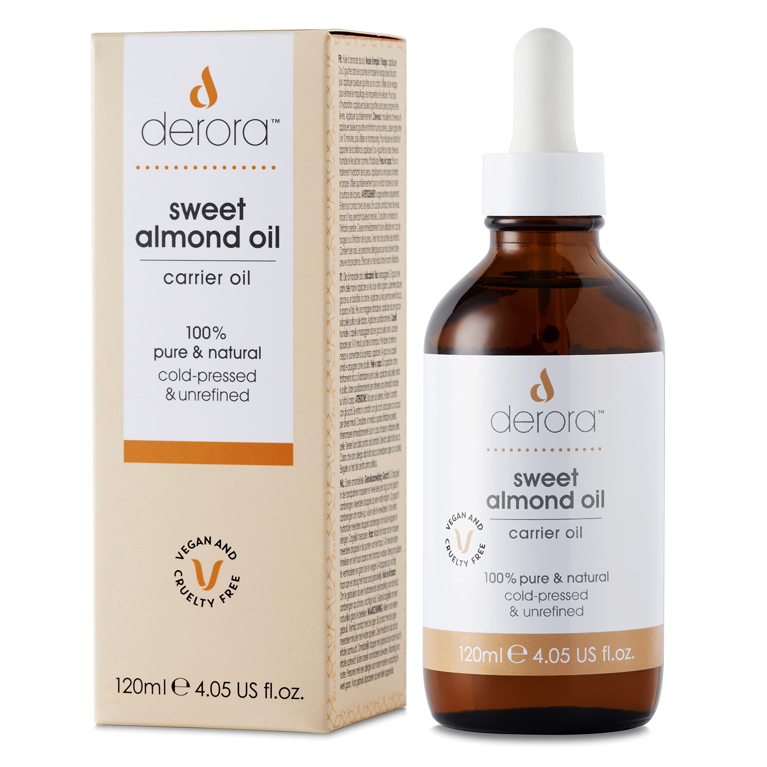 Derora Sweet Almond Oil | Nourishes Skin, Hair & Nails | 100% Pure & Natural | Antioxidant & Vitamin A, B, D & E Rich | For All Skin Types | Vegan & Cruelty Free (120ml)