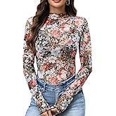 Womens Mesh Tops Lace Long Sleeve Shirts Mock Neck Slim Fitted Top See Through Tee Shirts Party Club Night Lace Blouse