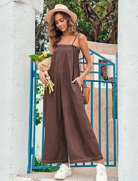 ONEDREAMER WOMENS ONE PIECE JUMPSUITS CASUAL SLEEVELESS WIDE LEG DENIM ROMPER LOOSE SPAGHETTI STRAP JUMPSUIT WITH POCKETS, SMALL, BROWN