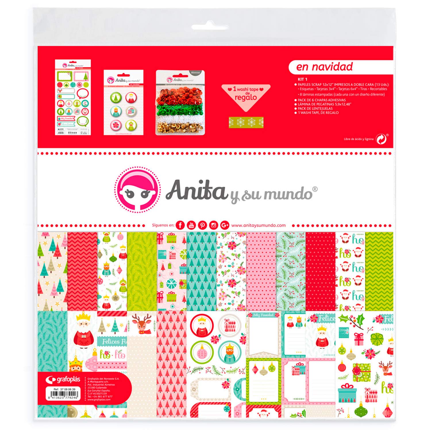 Anita y Su Mundo Colección en Navidad Scrapbooking Bag Kit 13 Sheets of Printed Paper, Stickers, Badges, Glitter Pastels, Washi Tape, Multicoloured, 30.5 x 30.5 cm