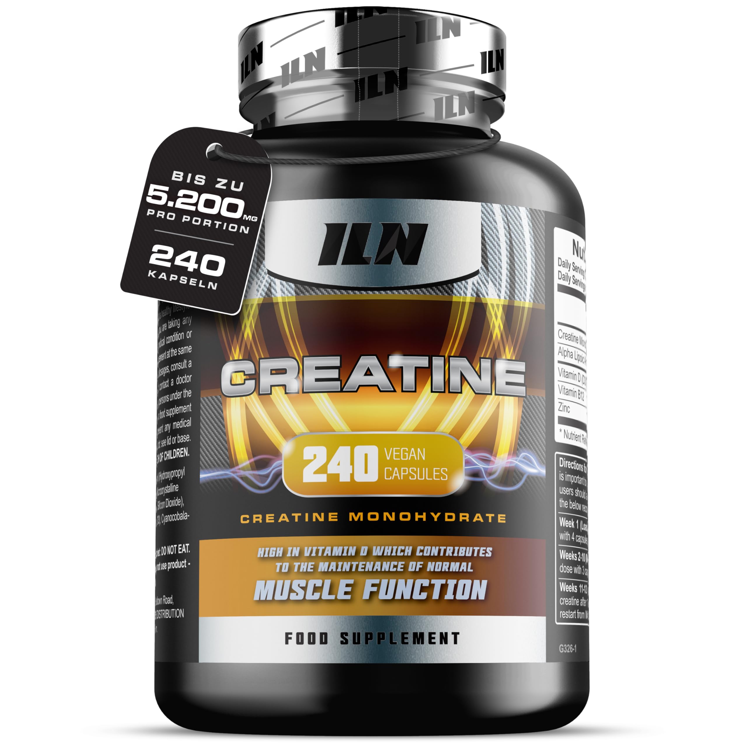 ILN – Creatin Kapseln – 5.200 mg Kreatin Monohydrat pro Tag – 240 vegane Kapseln – Kreatin Kaplsen für Training & Muskelaufbau