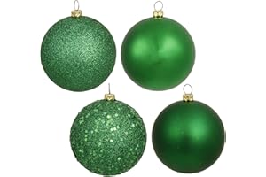 Vickerman 4 Finish Ball Asst Drilled 4/Bg4-Finish Assorted Plastic Ornament Set & Shatterproof Christmas Ball Ornaments with Drilled Cap, Assorted 4 per Bag, 6", Green