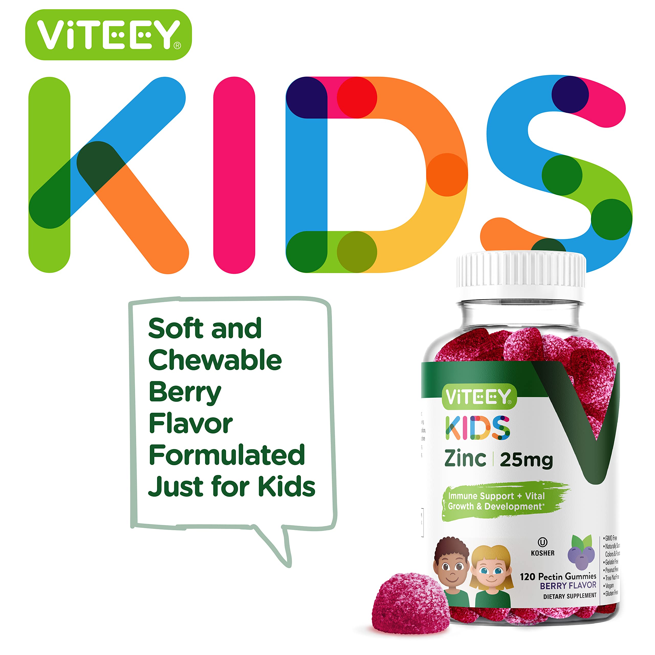 Zinc for Kids Gummies, 25mg - Immune Support for Kids & Teens - Powerful Natural Antioxidant, Kids Zinc Vitamin Supplement - Vegan, Gelatin Free, Gluten Free - Tasty Chewable Berry Flavor Gummy