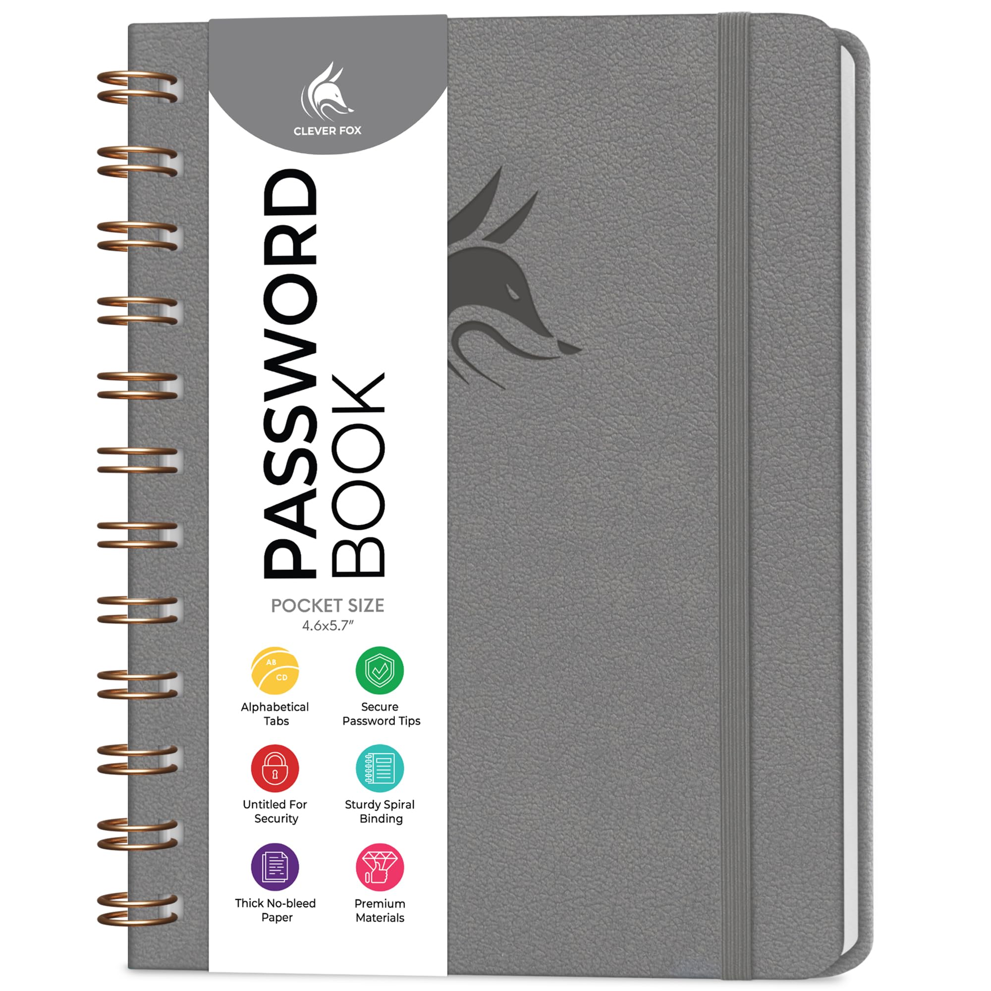 Clever Fox Password Book Spiral – Mini Internet Address Log with Alphabetical Tabs, Small Password Keeper & Organizer - Pocket 12x14cm (Grey)