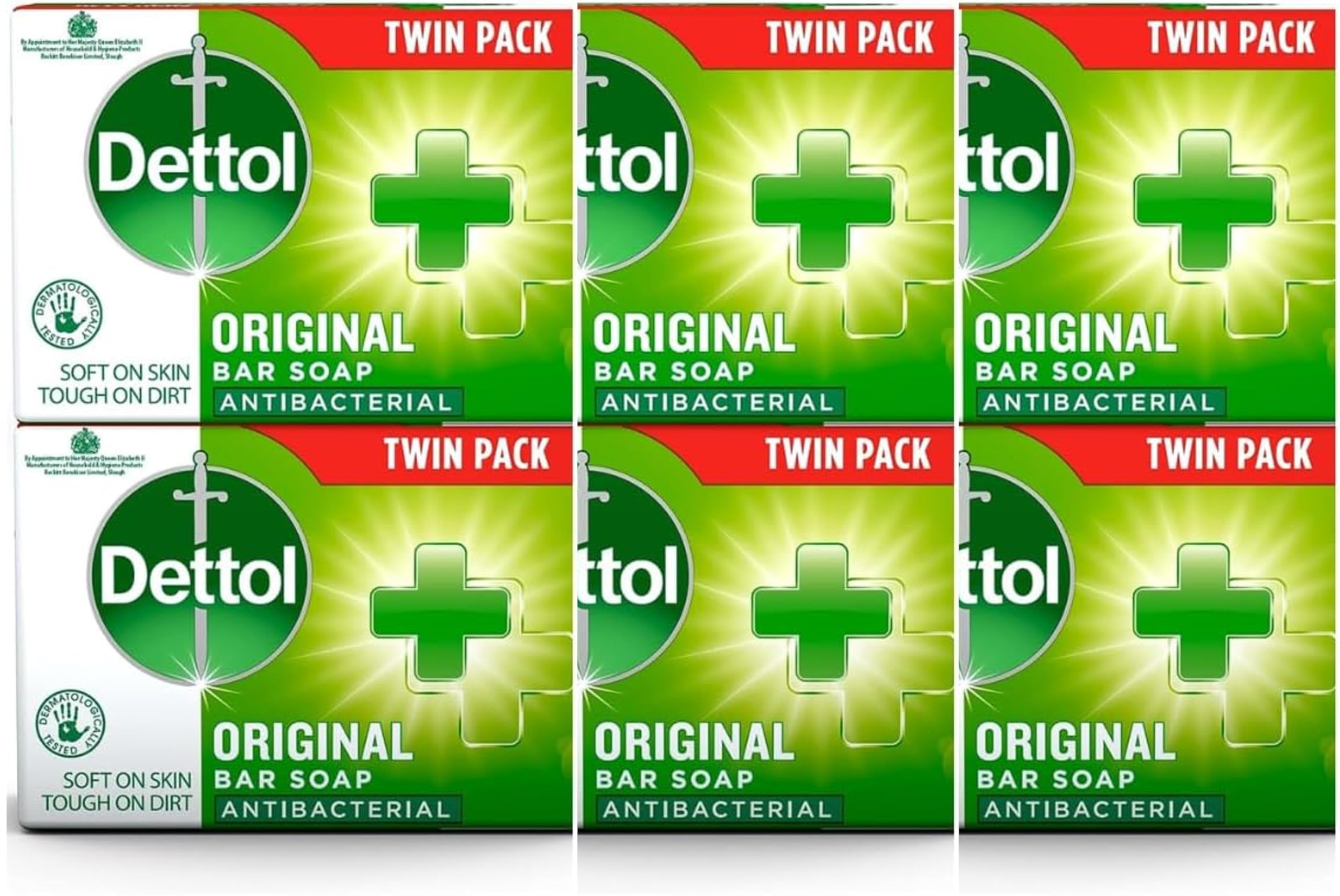 Original Anti-Bacterial Soap Bars 3x Family Twin Packs (6 x 100g) - Bundle Pack of Official Dettol Soap (Total 6 Bars) | Hand & Body Cleanser and Protector