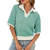 Cicy Bell Womens Striped Cropped Sweaters Tops Color Block Short Sleeve Knit V Neck Fall Casual Pullover