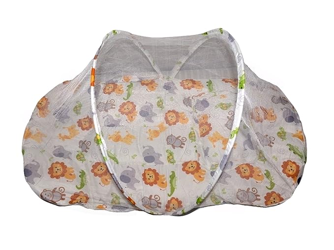 Baby Bucket Mosquito Net with Bed and Baby Pillow (Off White Animal)