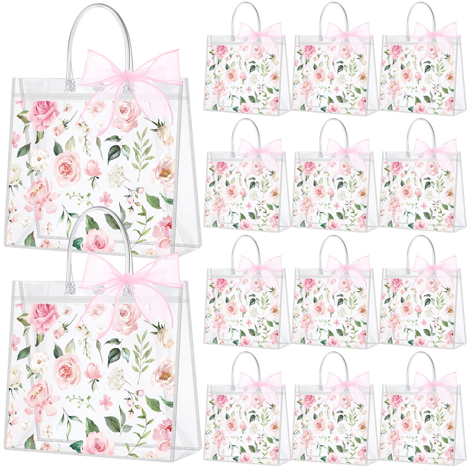 Wesnoy 24 Pcs Clear Floral Gift Bags with Handles Rose Pink Flower PVC ...