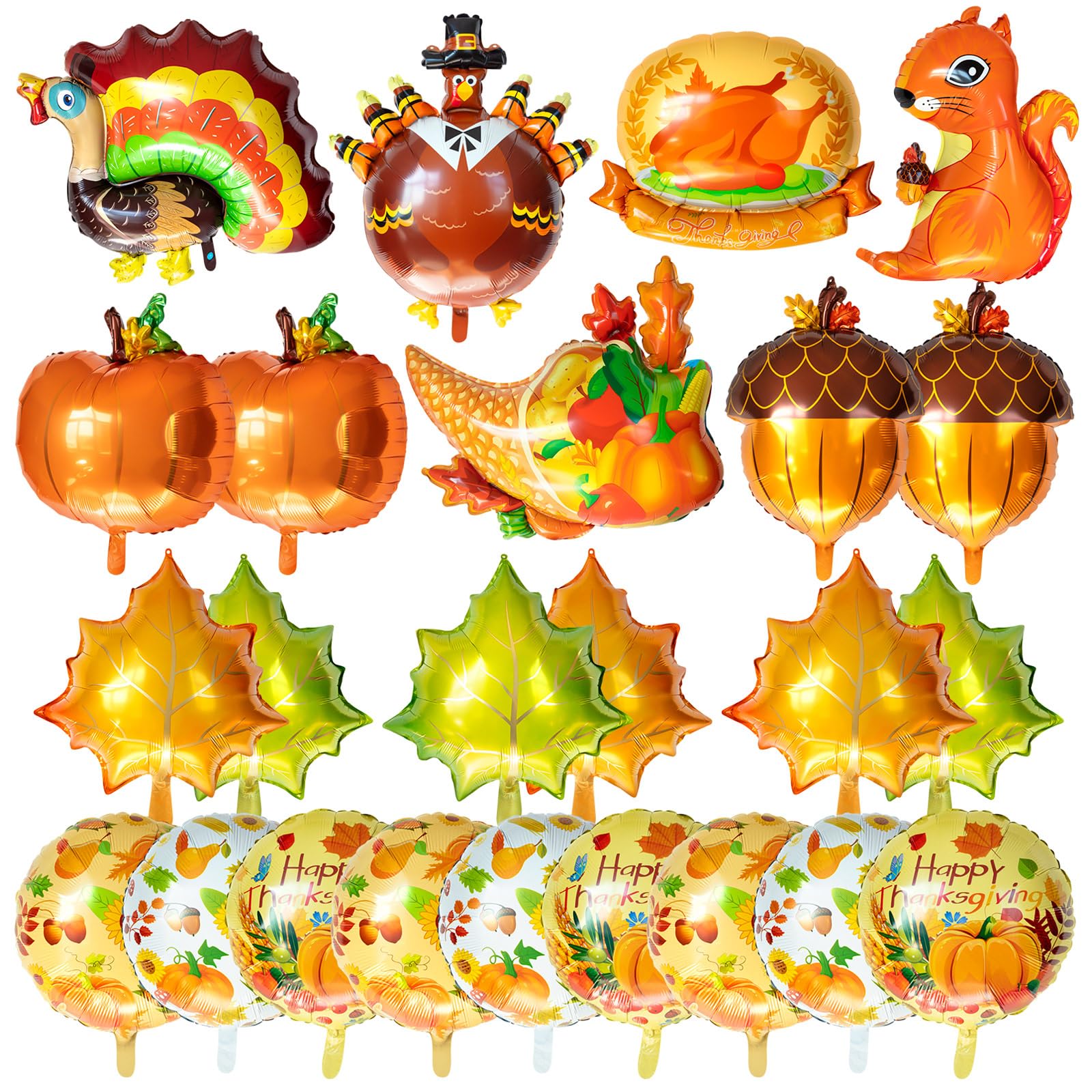 Photo 1 of 24Pcs Fall Balloons, Happy Thanksgiving Mylar Leaf Pumpkin Maple Squirrel Cones Foil Balloon for Party Decoration Supplies