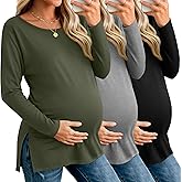 Riyiper 3 Pack Women's Maternity Long Sleeve T-Shirts Round Neck Side Split Tops Loose Casual Pregnancy Mama Clothes Fall