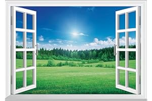 FLFK Fake Window Wall Mural - Grassland Forest Faux Window Wall Sticker for Wall Decor, Peel and Stick Wall Decals, 48"x32", 