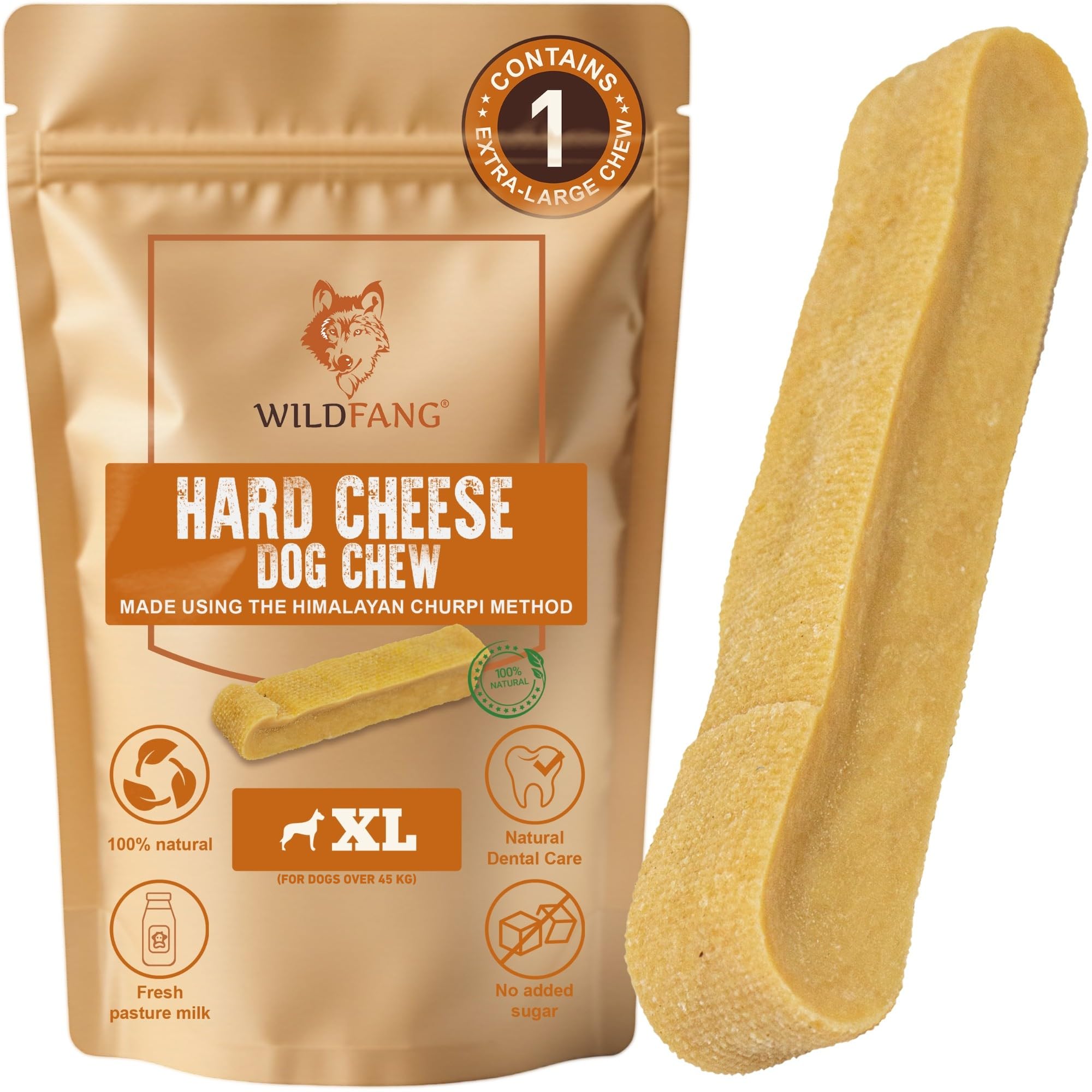 Wildfang® Yak Chews for Dogs, XL (Approx. 137 g) – Himalayan Yak Cheese Dog Chews, Natural Dog Treats and Puppy Teething Toys for Healthy Gums, Hard Churpi Dental Sticks for Dogs Over 45 kg, Pack of 1