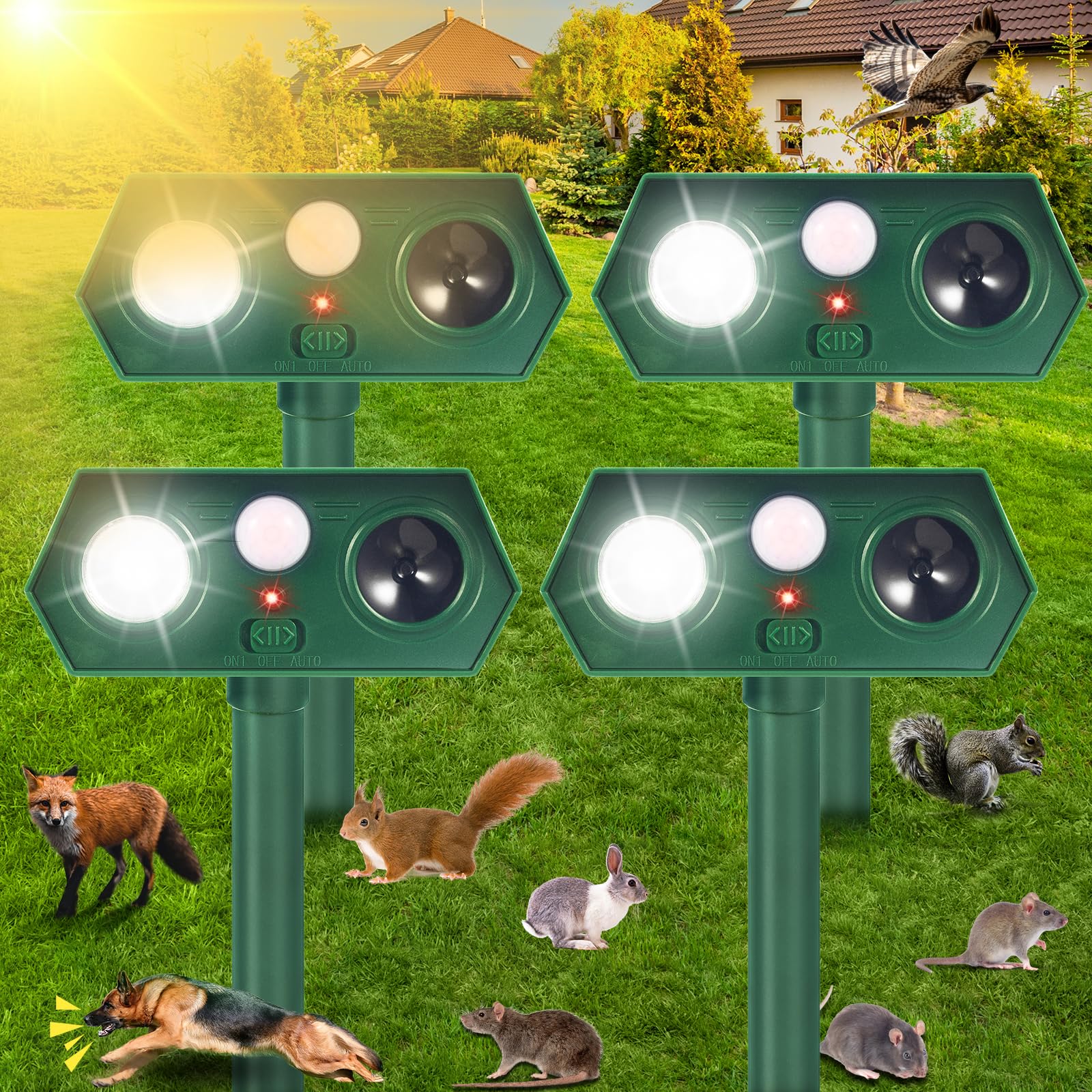 Photo 1 of Solar Ultrasonic Repellent Outdoor Cat Squirrel Skunk Dog Repellent for Yard Deer Repeller Devices with Motion Detection Animal Deterrent Light for Rabbit Racoon Rodent (4)