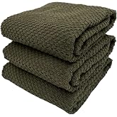 Olive Green Kitchen Hand Dish Towels, Set of 3, 100% Cotton, 18" x 28" | Terry Loop Ribbed Textured, Soft &amp; Absorbent Cleaning Cloth, Quick Dry, Multipurpose for Everyday Use