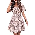 PRETTYGARDEN Women's 2025 Floral Summer Short Dress Square Neck Short Sleeve Tiered Ruffle Boho Swing Dresses