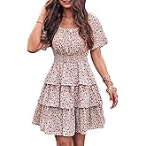 PRETTYGARDEN Women's 2026 Floral Summer Short Dress Square Neck Short Sleeve Tiered Ruffle Boho Swing Dresses