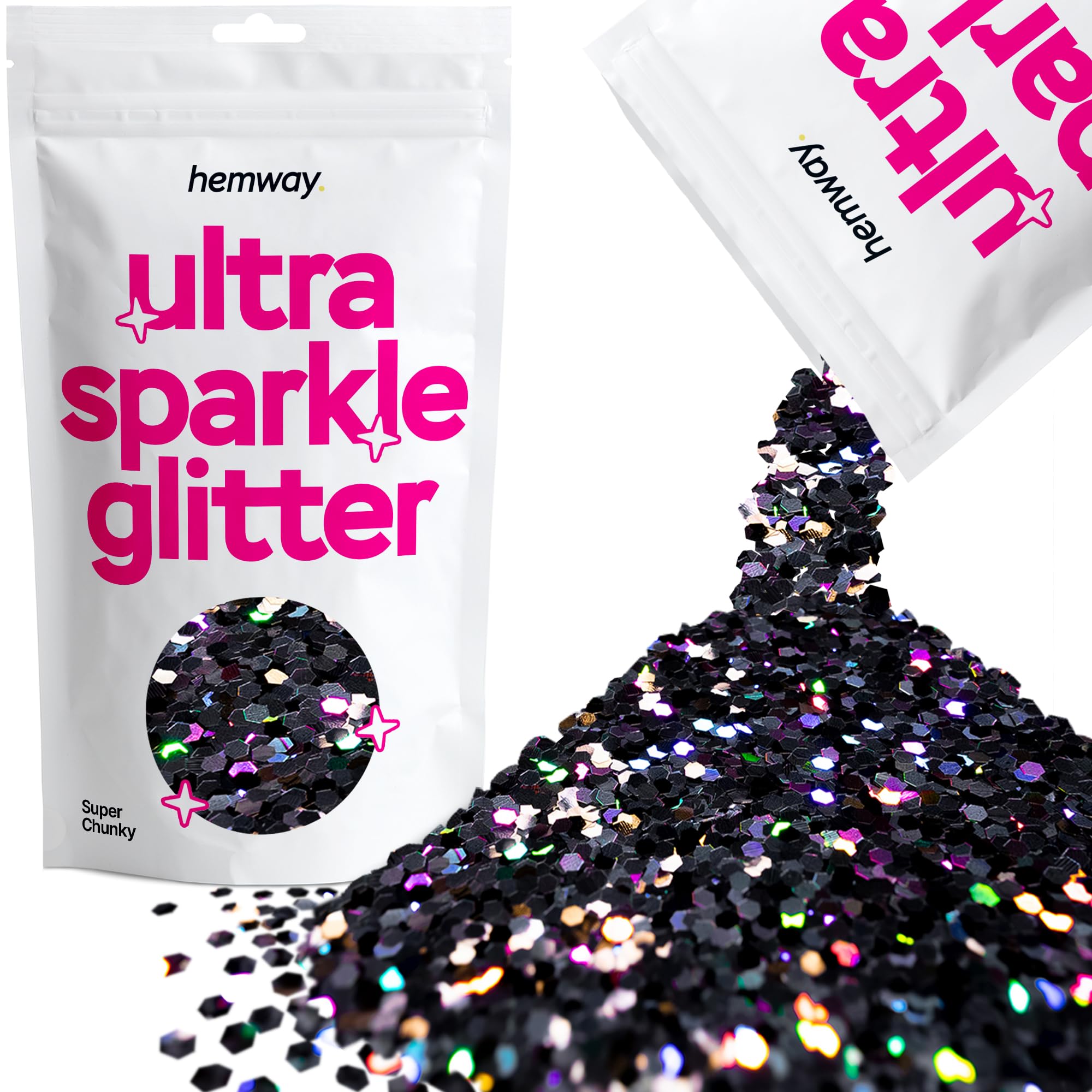 Hemway Ultra Sparkle Glitter Black Holographic 100g Super Chunky | Glitter for Arts & Craft, Makeup, Nail Art, Crafting, Card Making, Sparkle Decoration