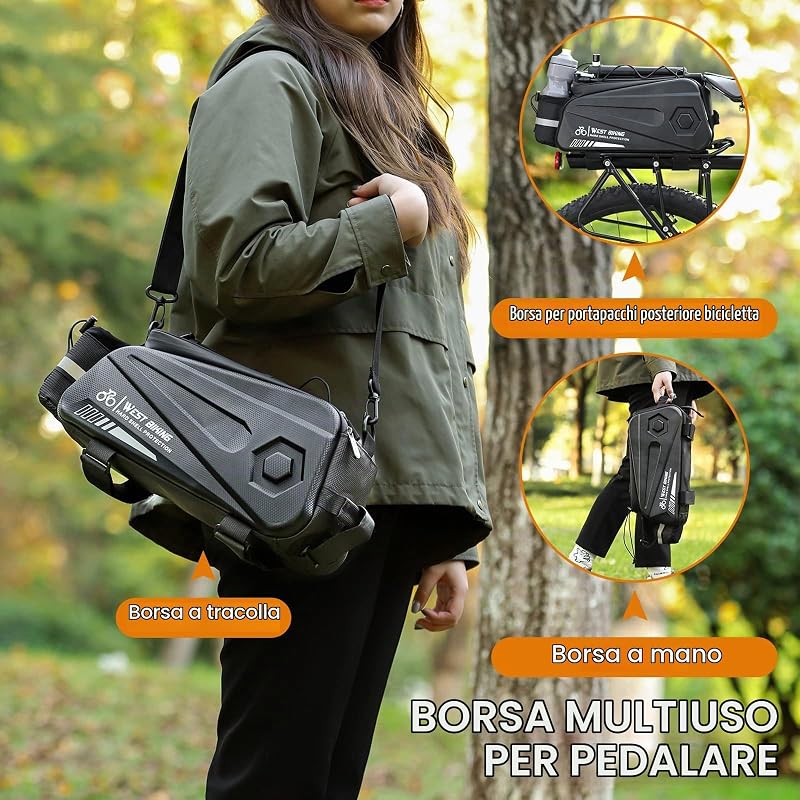 Borsa per sedile posteriore della bici, borsa per portapacchi della bicicletta, doppia cerniera impermeabile, borsa cargo per sedile posteriore da ciclismo, con tracolla, cinghia da polso