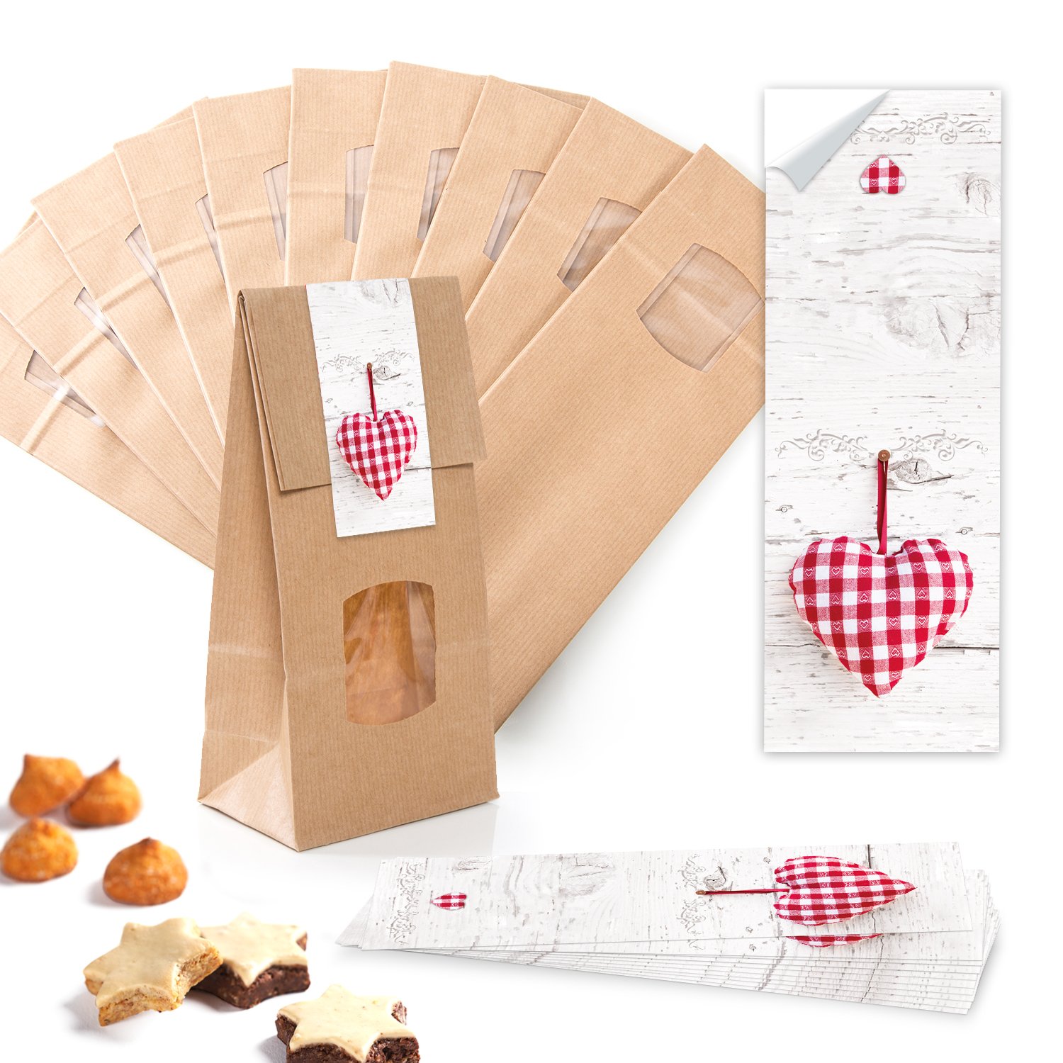 25 Packing Small Brown Block Bottom Bags Gift Bag with Window + insert sheets 10.5 x 6.5 x 29 cm + 25 Stickers 5 x 15 cm White Checked Red Heart Wedding Christmas Party