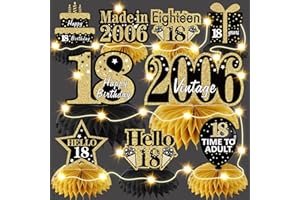Bumqviy 9Pcs 18th Birthday Honeycomb Centerpieces Decorations with String Lights for Girls Boys, Happy 18 Year Old Birthday Table Toppers Party Supplies, Black Gold Vintage 2006 Bday Party Table Sign