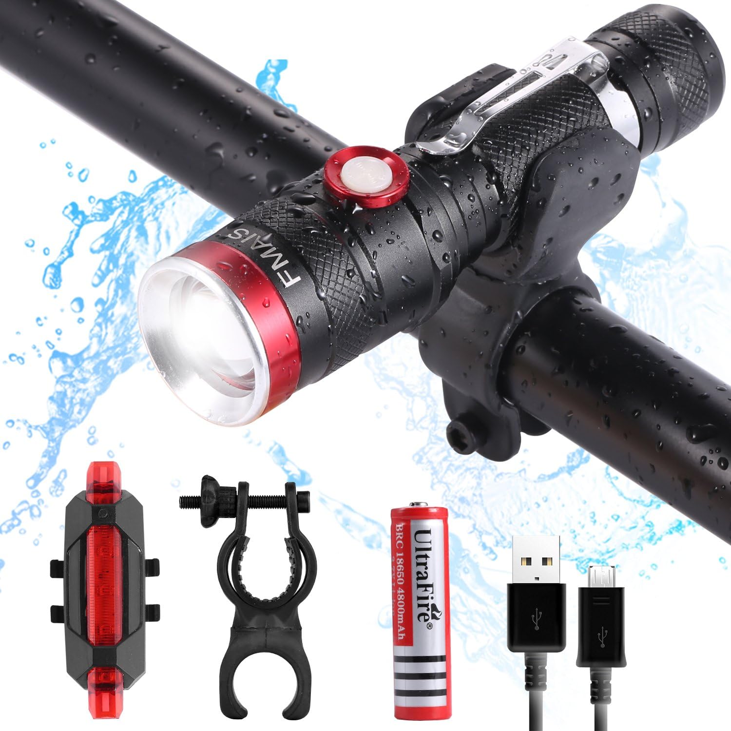 Bike Lights,HCKJ USB Rechargeable Bike Light Set Waterproof Mountain Road Bike Lights Cycling Front Light Headlight and Rear Light with a 3000mAh battery & 2 USB Cable(Easy to Install)
