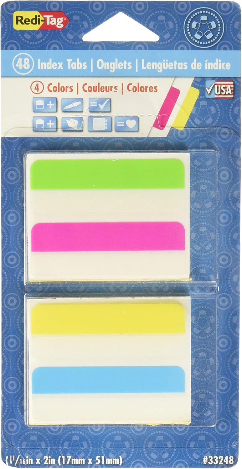 Redi-Tag Write-On Removable Index Tabs, 2 x 11/16 Inches, 48 Tabs per Pack, 4 Assorted Colors, 1-Pack (33248) : Binder Index Dividers : Office Products