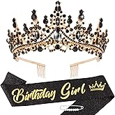 TOBATOBA Birthday Sash and Crown Set for Women and Girls - Black Tiara and Sash, Princess Decorations and Gifts