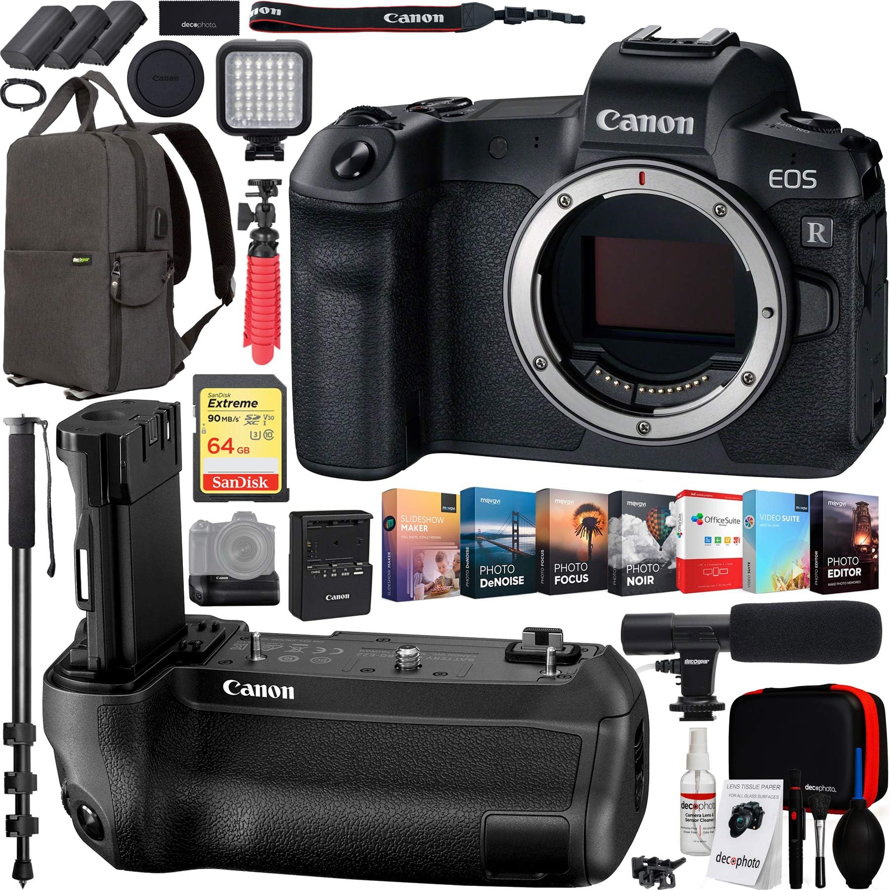 Canon EOS R 30.3MP Mirrorless Full Frame Digital Camera Body Bundle with Battery Grip, 64GB Memory Card, Backpack, Microphone, Monopod, LED Light, Editing Suite, Cleaning Kit, Tripod and Battery