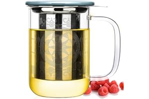 Aquach Glass Tea Steeping Mug with Infuser and Lid, 18oz Single Serve Tea Maker, Glass Brewing Cup for Loose Tea