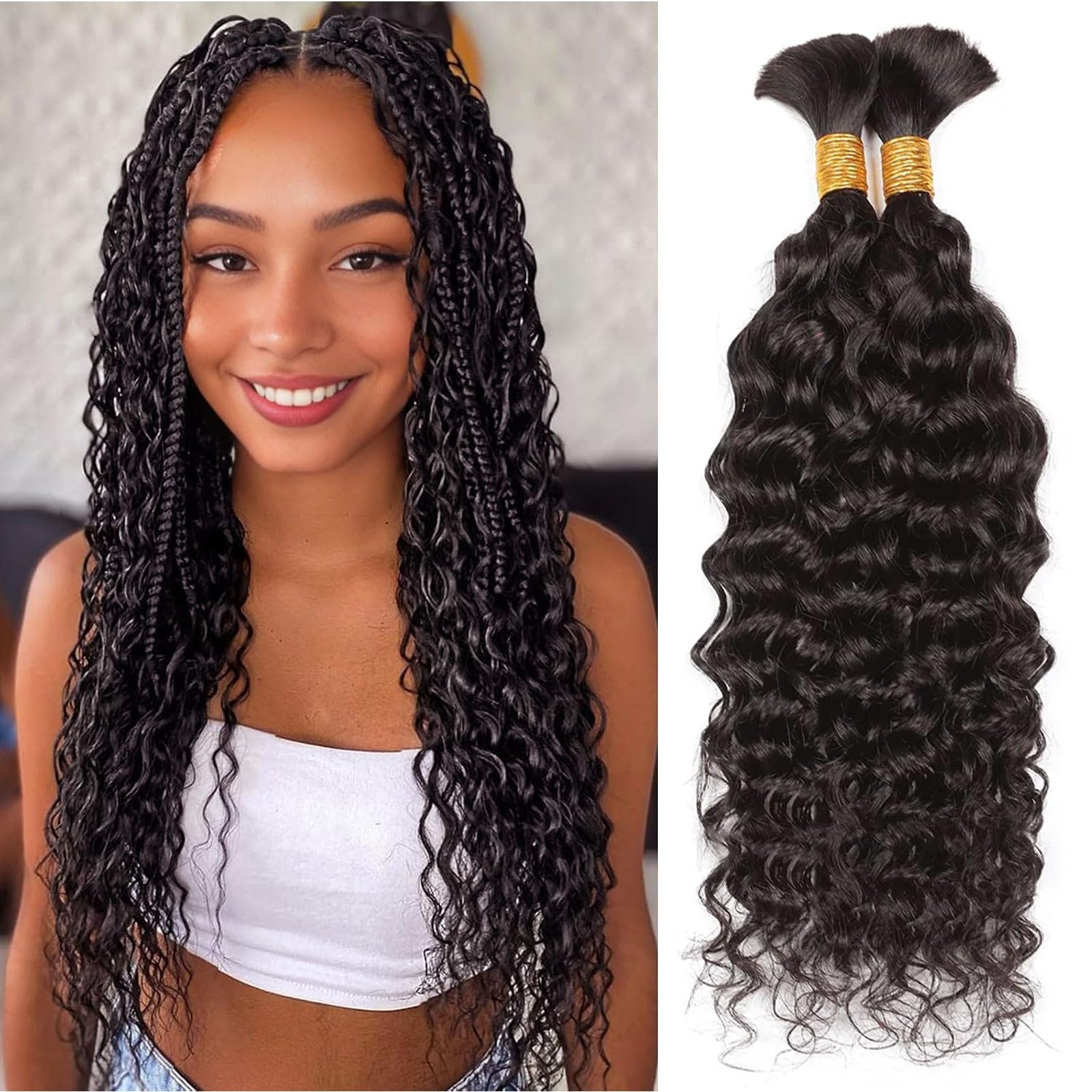 Huarisi Human Braiding Hair Water Wave Bulk Human Hair for Boho Braids No Weft 14 Inch 100% Unprocessed Remy Hair Natural Color 100g a Lot (1Pack - 2 Bundles x 50g) — image 1