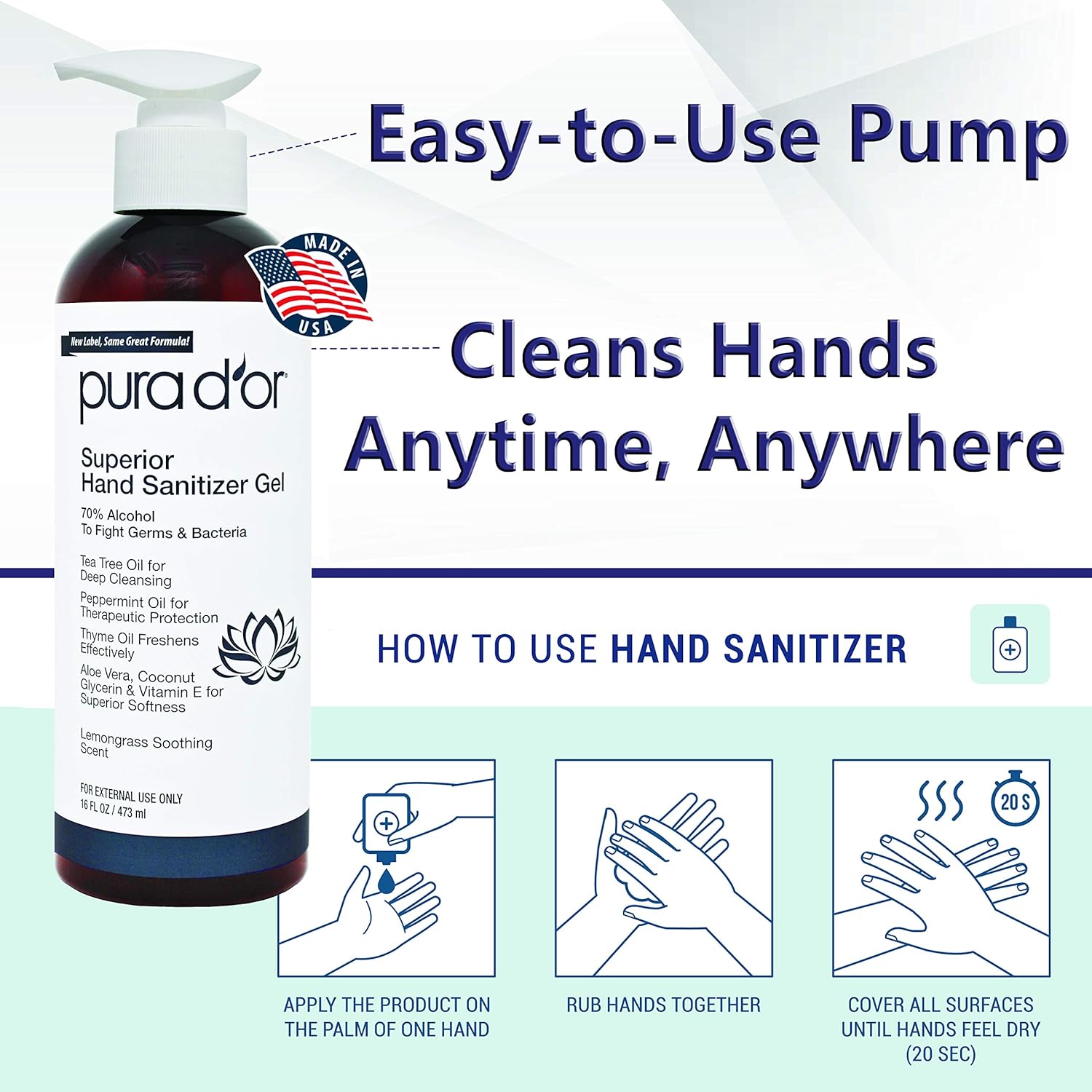 PURA D’OR Hand Sanitizer Gel LEMONGRASS Scent 2 PACK-16oz each = 32oz Total. 70% Alcohol Kills 99% Germs w/Aloe Vera, Tea Tree: Waterless Deep Cleansing Moisturizing Soothing, Fights Germs & Bacteria: Beauty