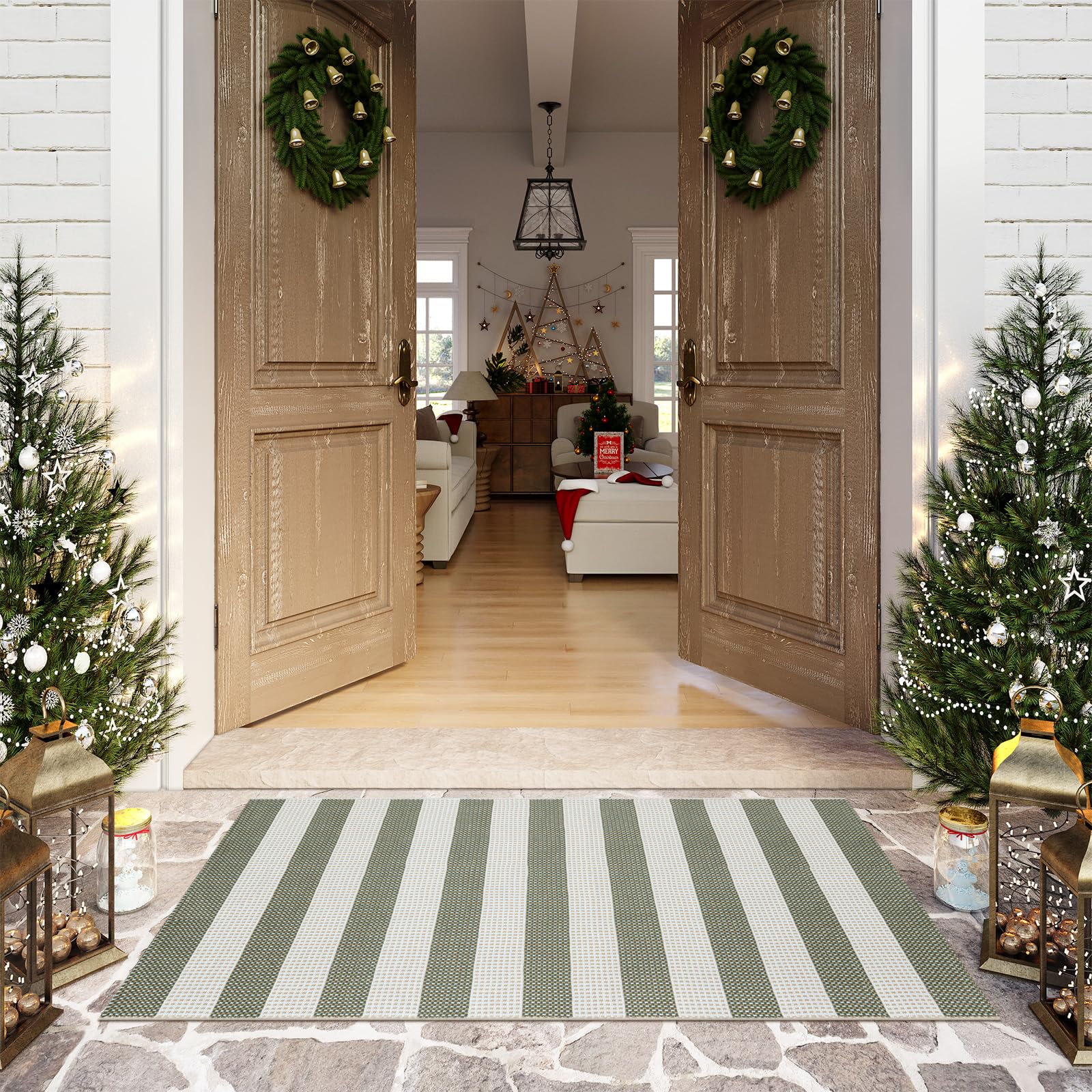 Photo 1 of ***(STOCK PHOTO FOR REFERENCE ONLY/ ITEM WILL VARY)***OJIA Outdoor Rug 3'x5', Washable Entryway Rugs Indoor Front Door Mat Cotton Woven Checkered Front Door Rug Small Area Rug Christmas Doormat for Porch Kitchen Patio Bathroom (Green/White/Tan)