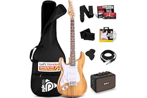Pyle Left Handed Electric Guitar and Amp Kit - Full Size 39" Starter Kit with Wearable Bluetooth Amplifier, 1/4” Cable, Zip Case, Strap, Strings, Picks, Cleaning Cloth, ST-Style, (Natural Lefty)