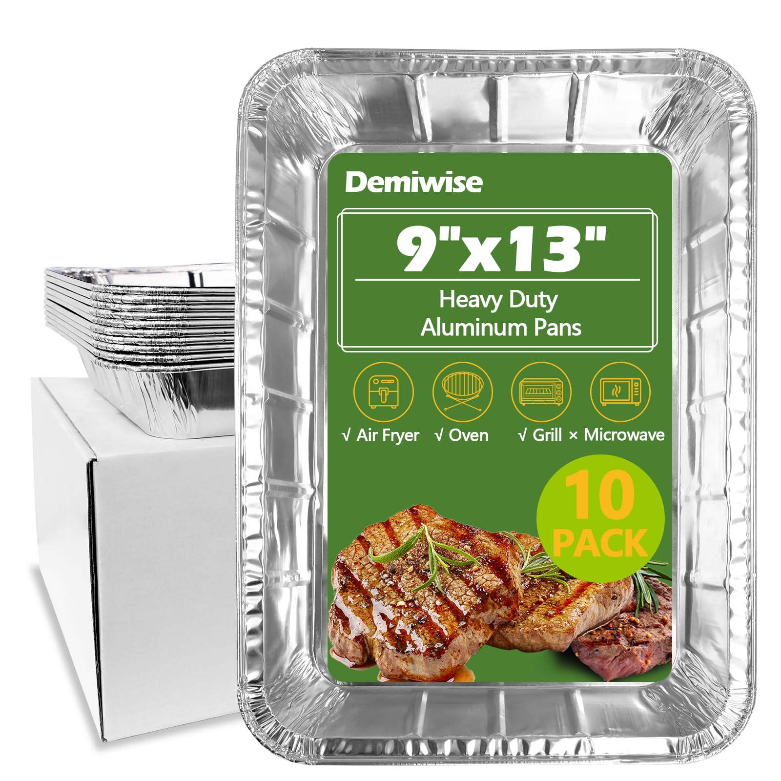 Photo 1 of Demiwise Thickened 10 Pack Heavy Duty Aluminum Pans, 13x9 Aluminum Foil Pans Disposable, Half Size Steam Table Foil Baking Tray for Cooking, Baking, Roasting & Chafing, Carton Packaging